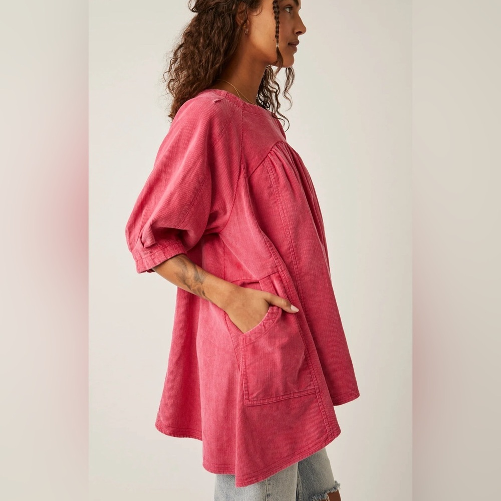 Free People Women's XS Pink Corduroy Puff Sleeve Tunic Top - Picture 5 of 16
